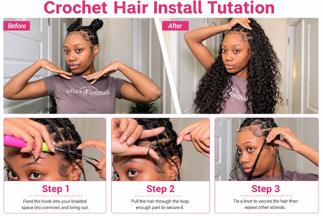 how to install crochet human hair with a latch hook